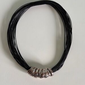 Multi-Strand Modernist Black Cord Necklace with Sterling Silver Accent Piece